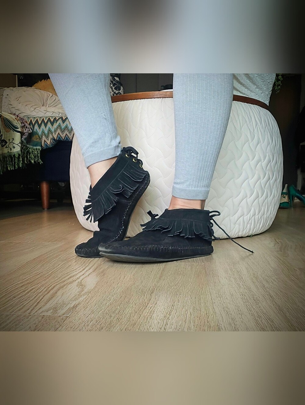 Black Vintage Suede Fringe Moccasin Shoes